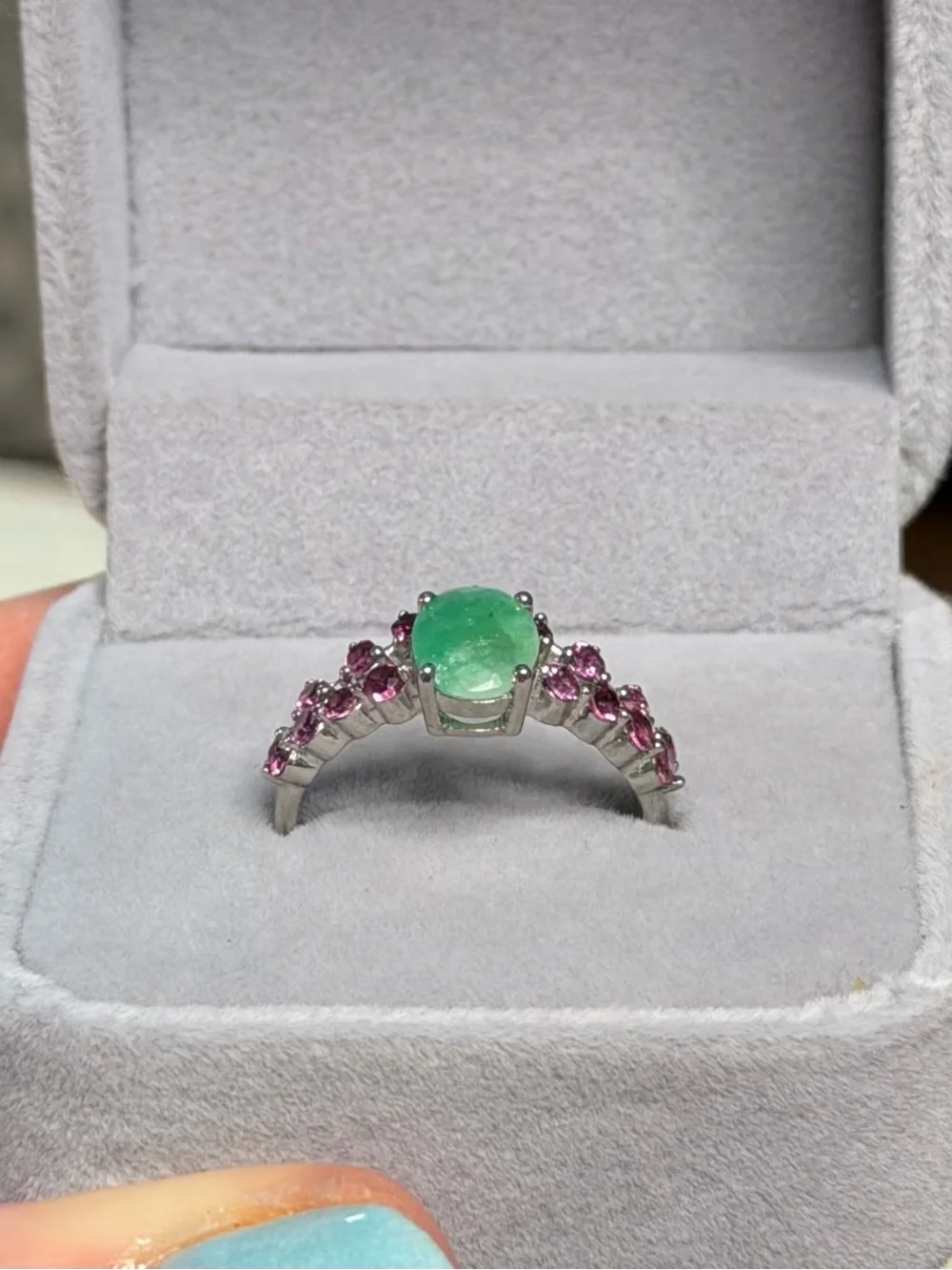 Stunning Natural Emerald 1.30CT & Pink Garnet Chevron 925 Sterling Ring Sz 7